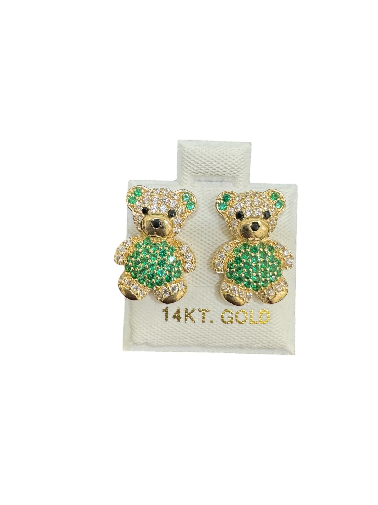 Teddy Zirconia and Emerald Color 14K Gold Earrings