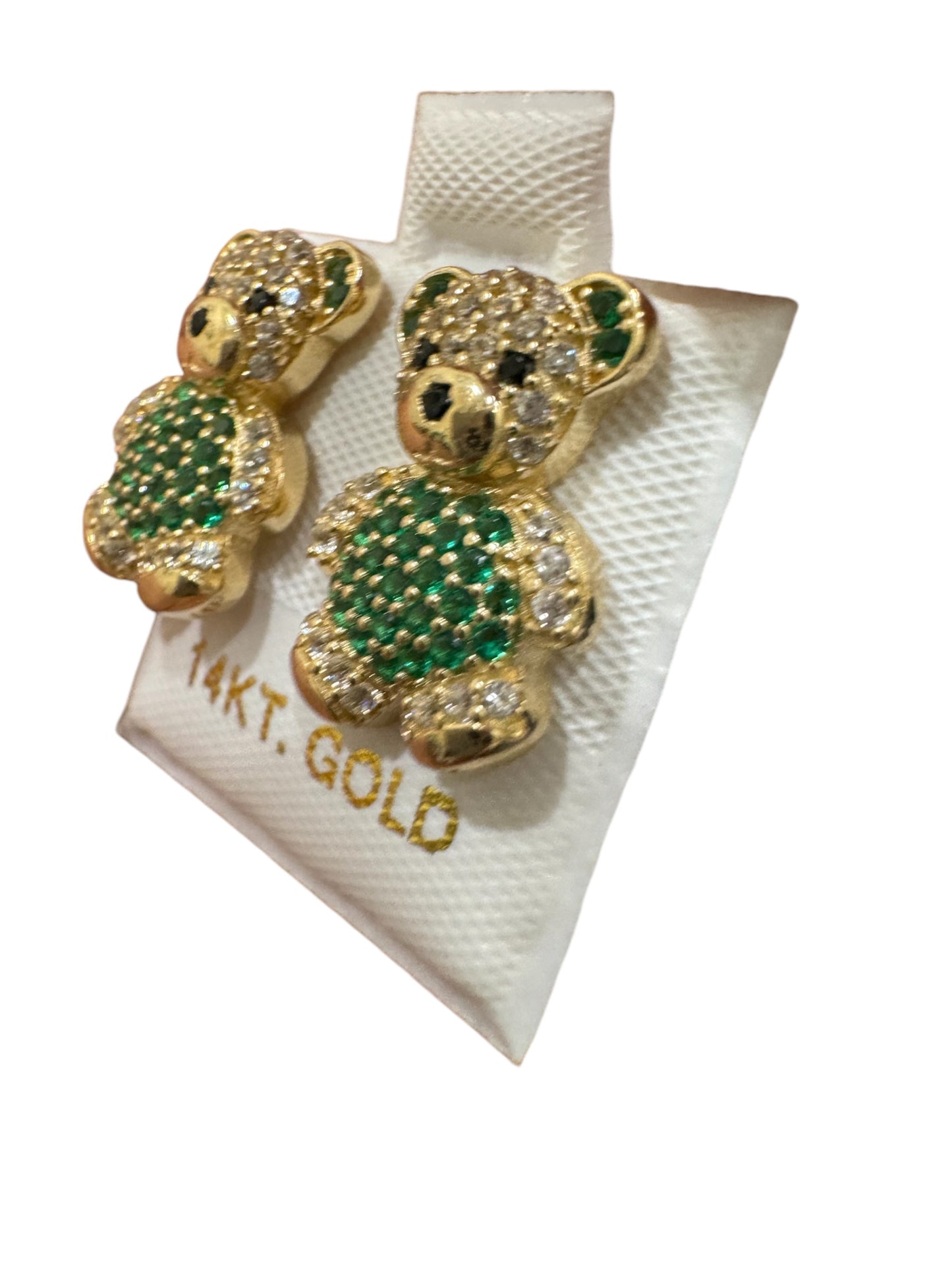 Teddy Zirconia and Emerald Color 14K Gold Earrings