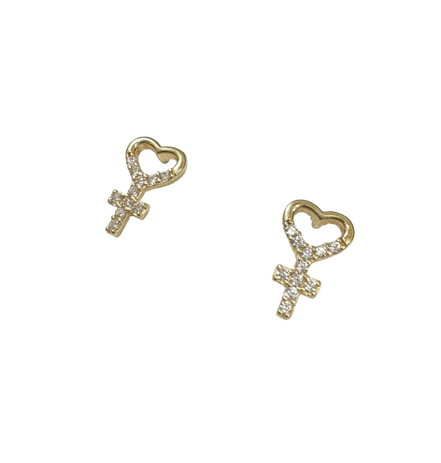 Heart Cross Zirconia and 14K Gold Earrings