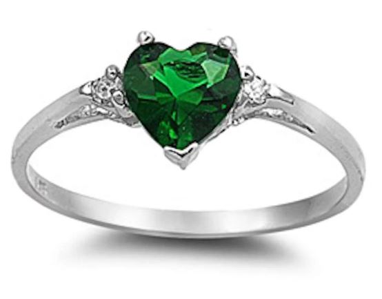 Green Emerald Heart & Zirconia Sterling Silver Ring