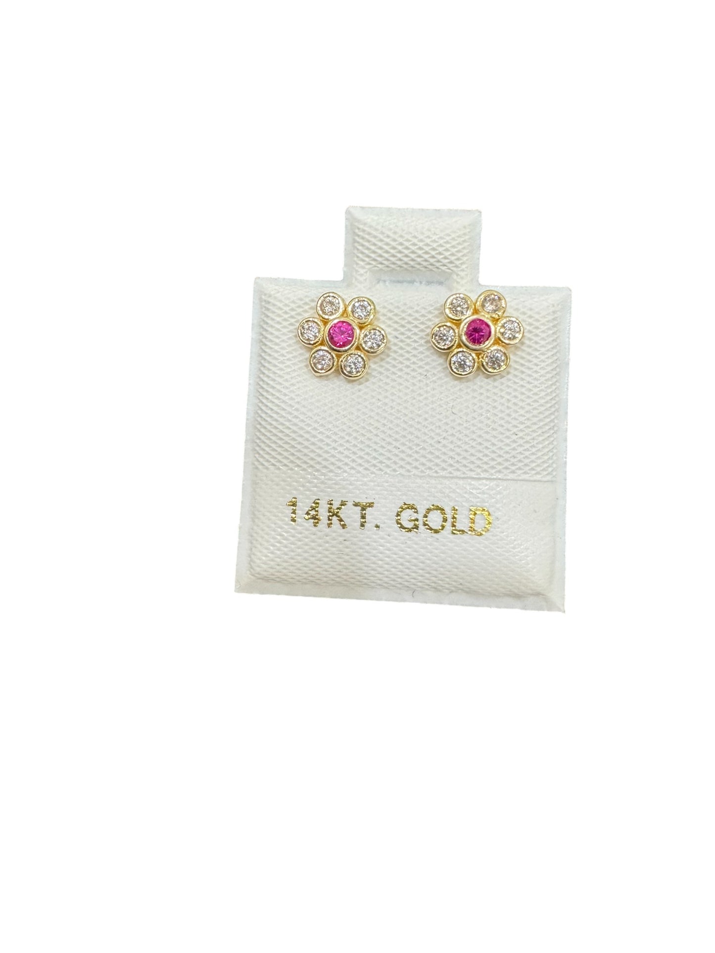Flower Zirconia and Ruby Color 14K Gold Earrings