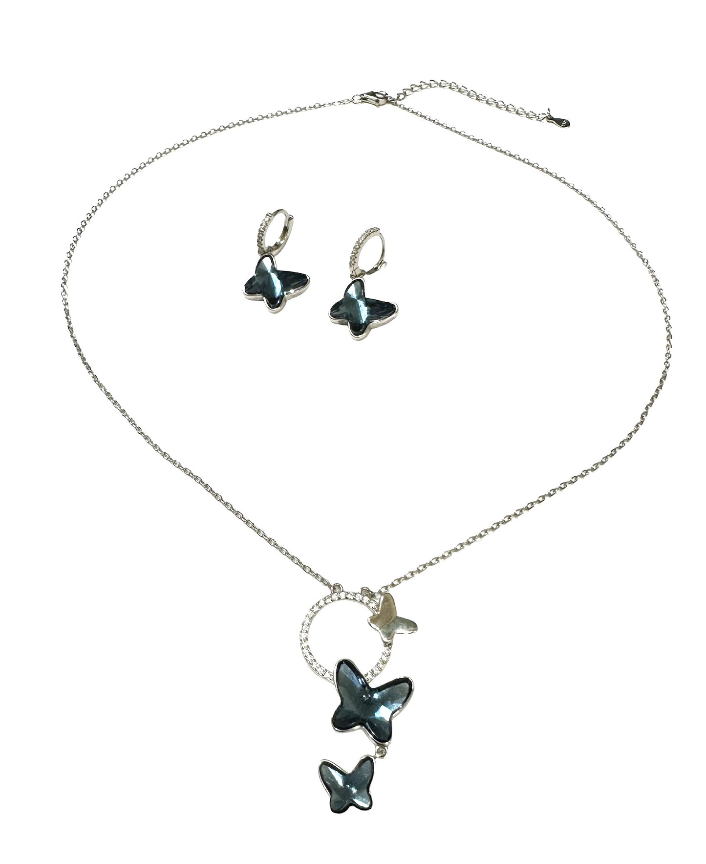 Butterflies Austrian Crystal Sterling Silver with Zirconia Necklace and Earrings Set