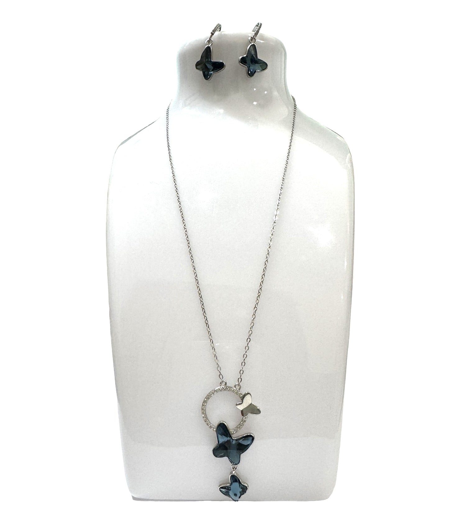 Butterflies Austrian Crystal Sterling Silver with Zirconia Necklace and Earrings Set