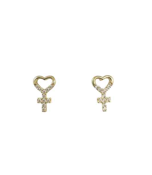 Heart Cross Zirconia and 14K Gold Earrings