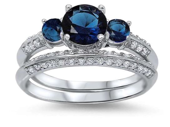 Blue Sapphire Cubic Zirconia Bridal Sterling Silver Ring